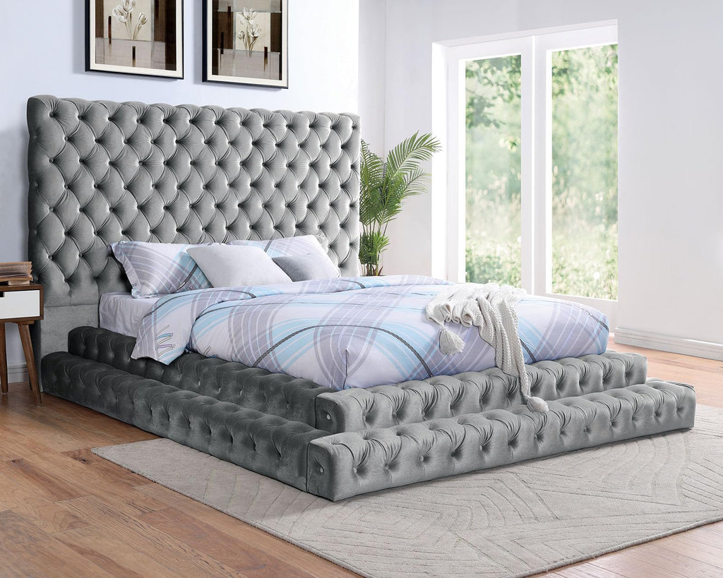 Gray King Upholstered Platform Bed with Tufted Headboard