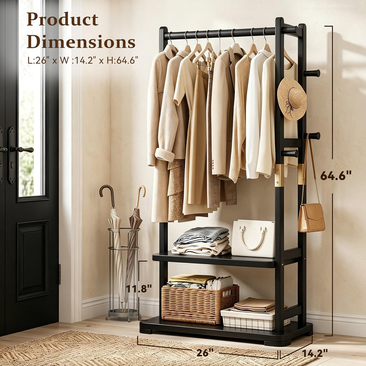 Solid Wood Hall Tree Coat Rack with 2 Shelves & 5 Hooks
