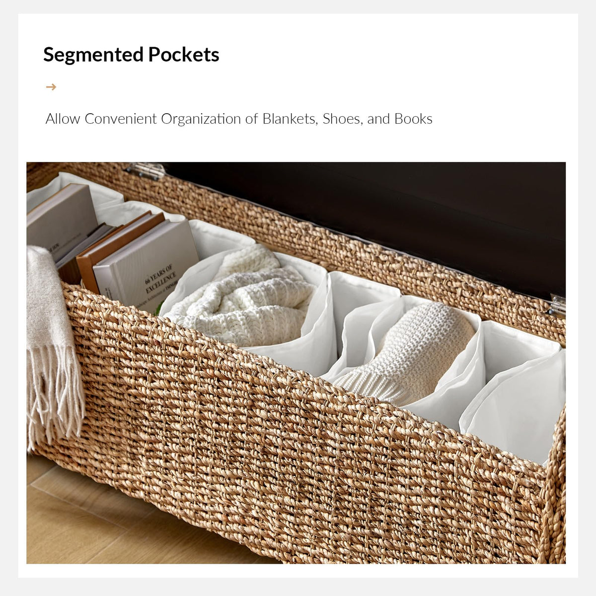 56-Inch Rattan Storage Bench with Rolled Armrests