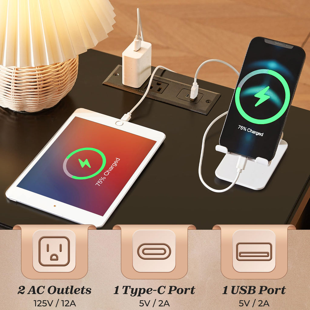 Modern Nightstand with Charging Station, 2 Drawers & Storage