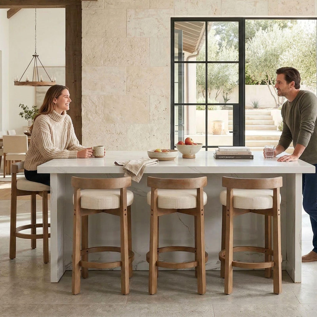 LukeAlon Rustic Modern Round Wood-Leg Low-Back Stool 5733