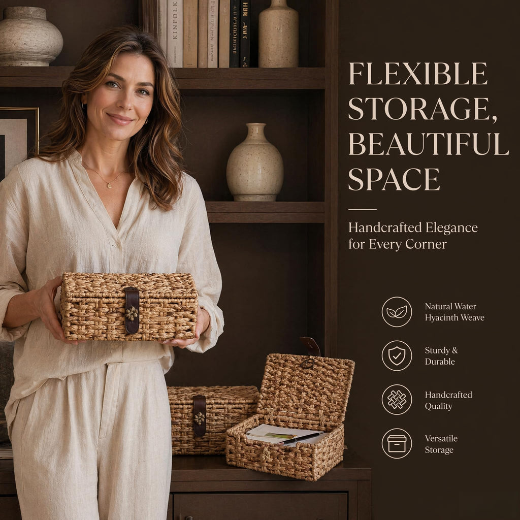 2-Piece Woven Water Hyacinth Storage Boxes with Lids