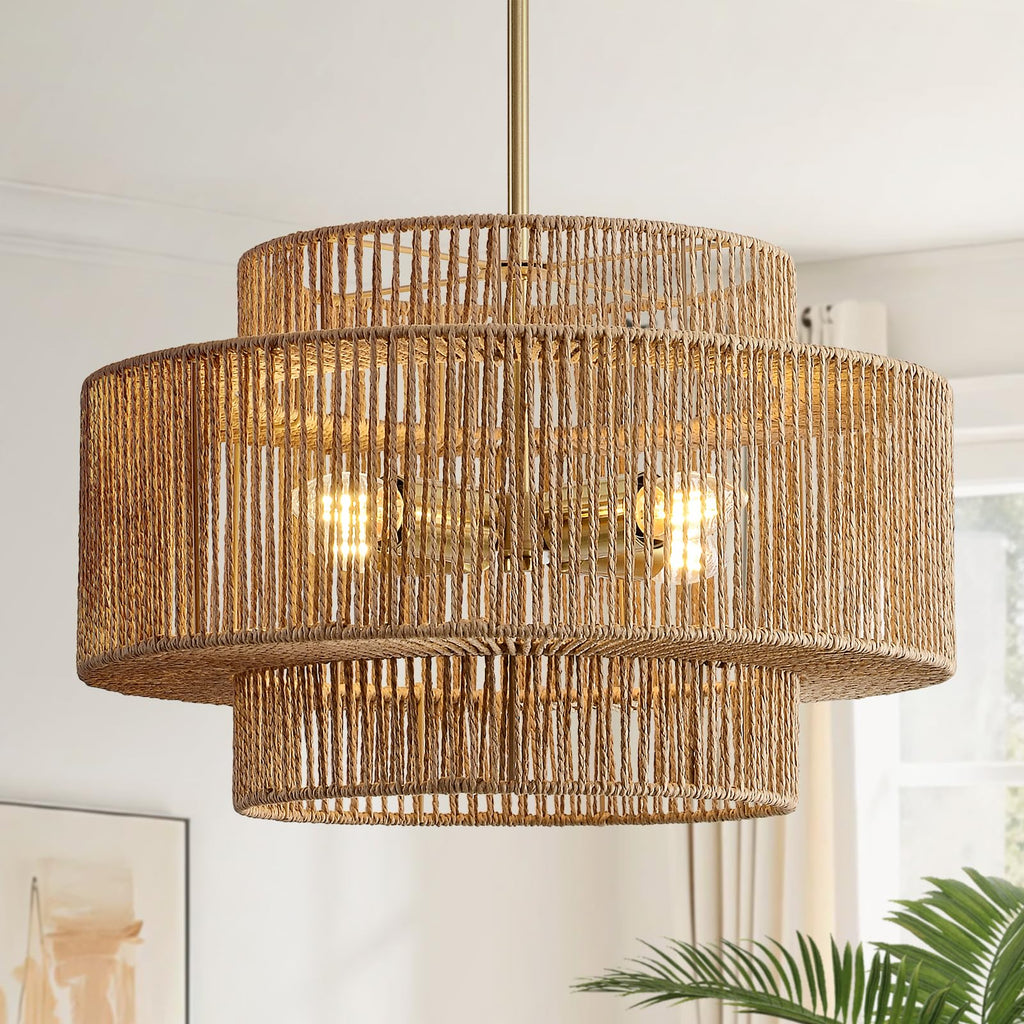 InterMaka Large Boho Rattan Chandelier Light Fixture
