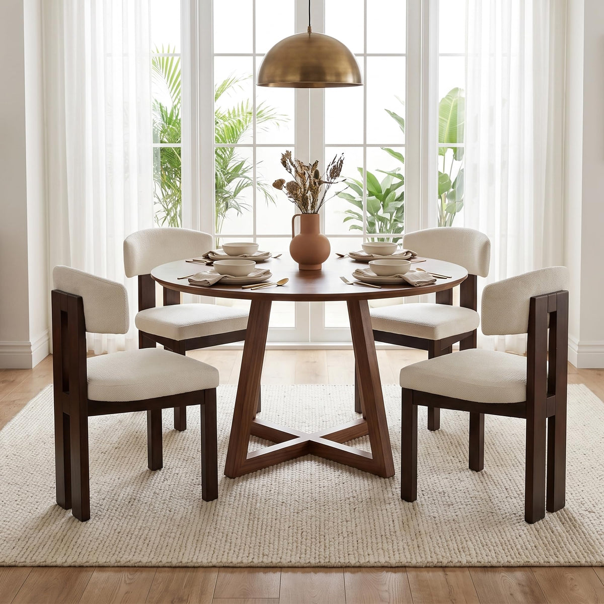 COLAMY Set of 4 Upholstered Dining Chairs, Beige & Walnut