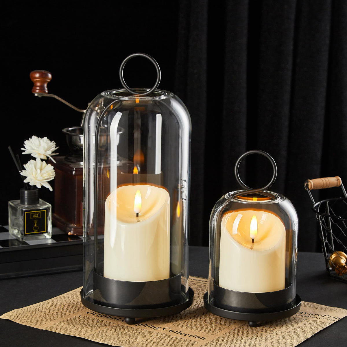 Ganwu Brass Hurricane Candle Holders with Glass Domes, Set of 2