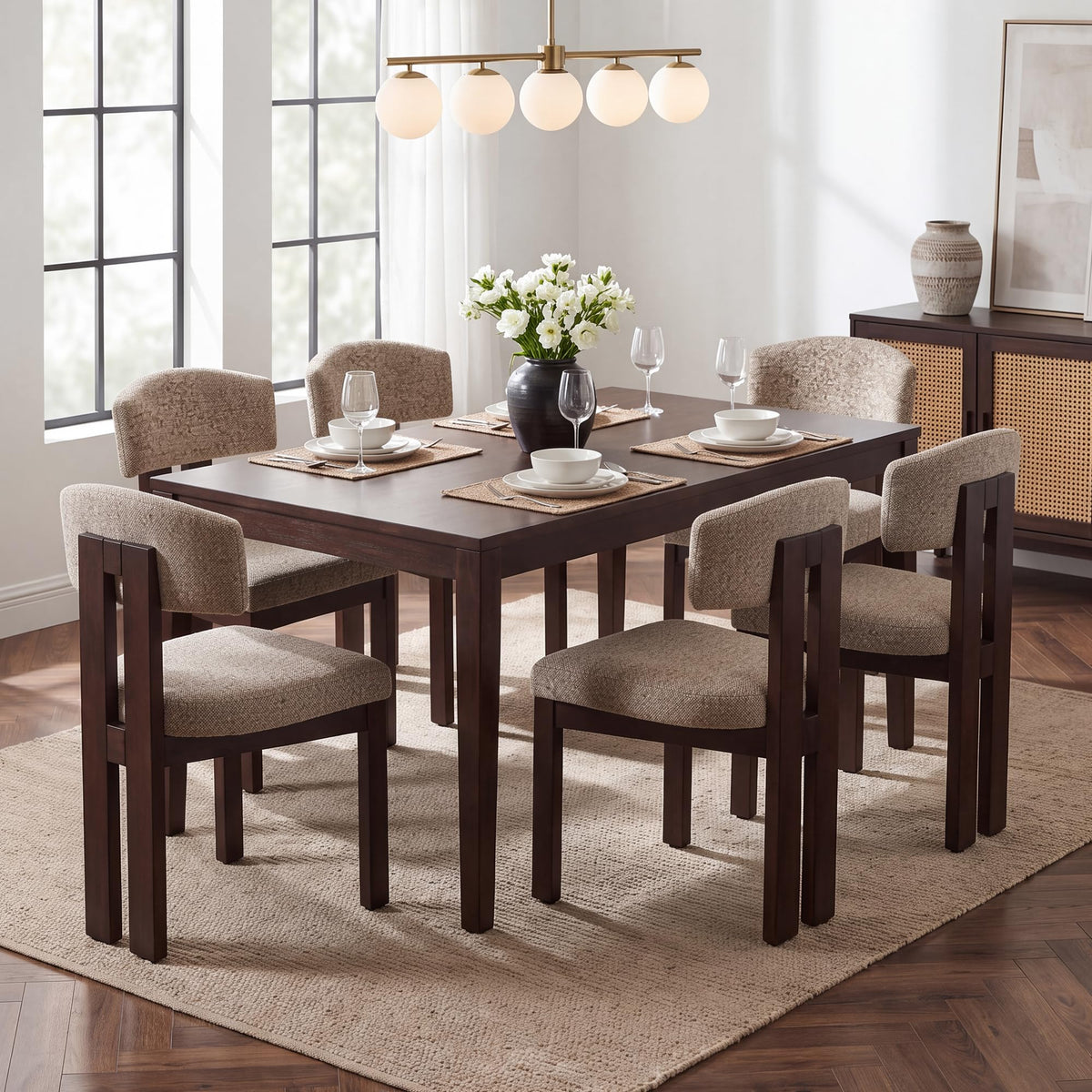 COLAMY Set of 4 Upholstered Dining Chairs, Beige & Walnut