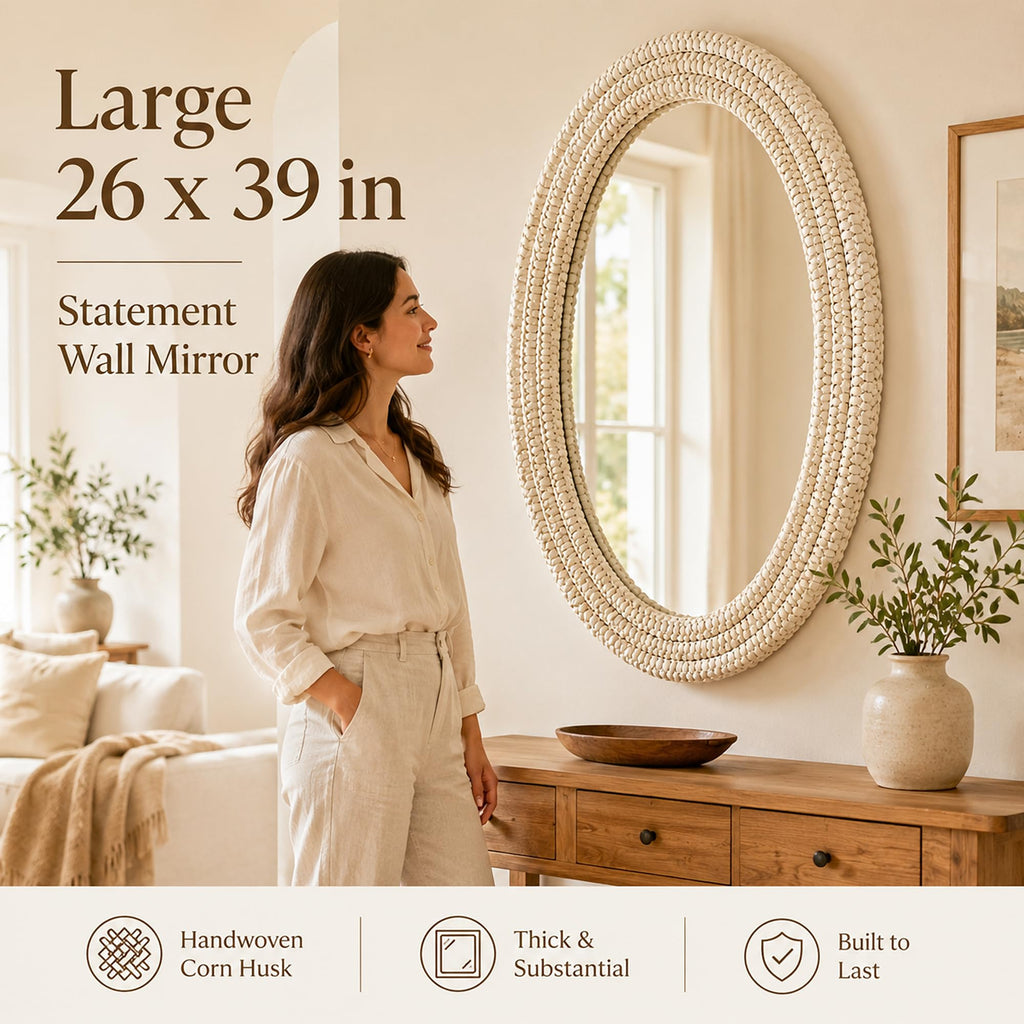 CAVINHOME Handwoven Corn Husk Decorative Wall Mirror