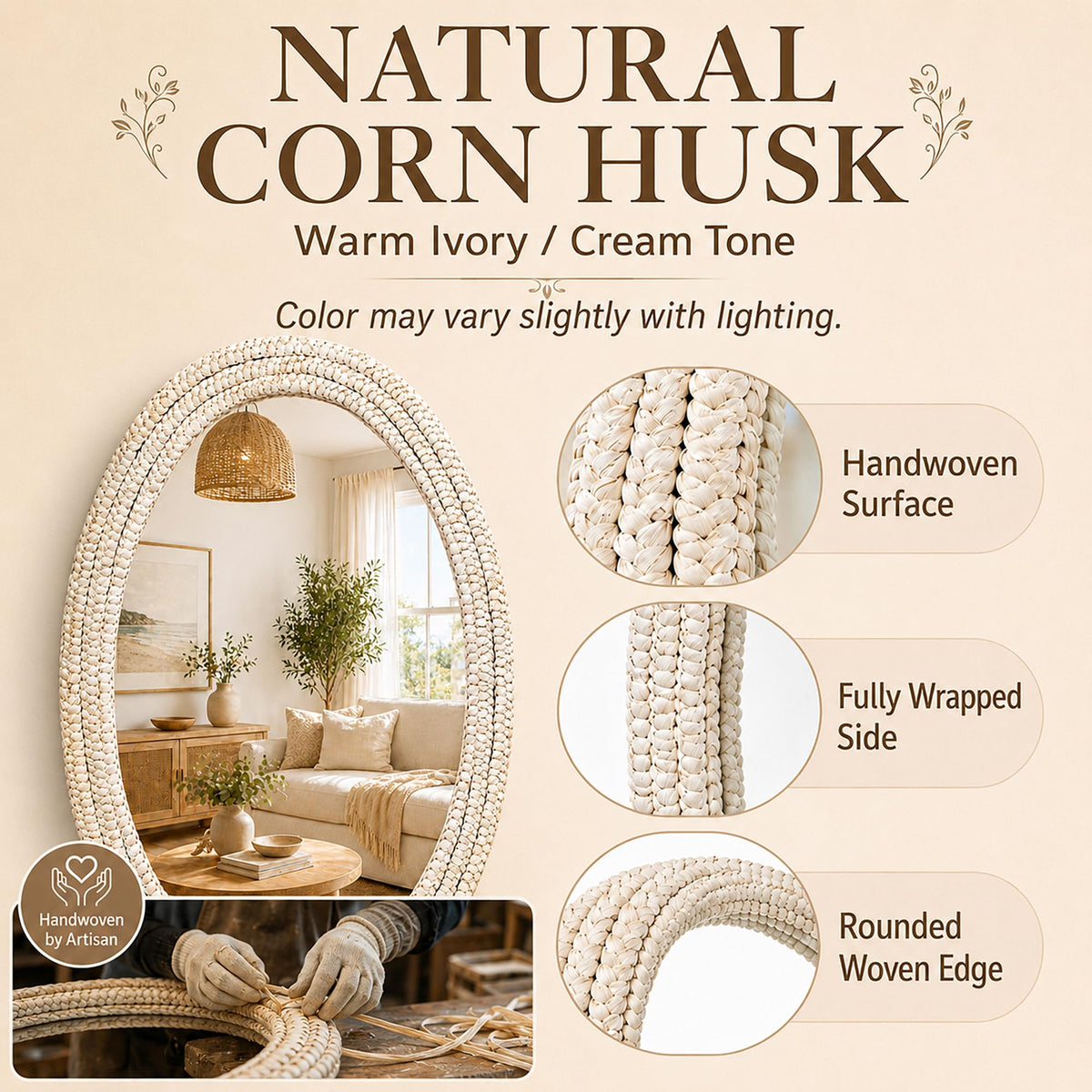 CAVINHOME Handwoven Corn Husk Decorative Wall Mirror