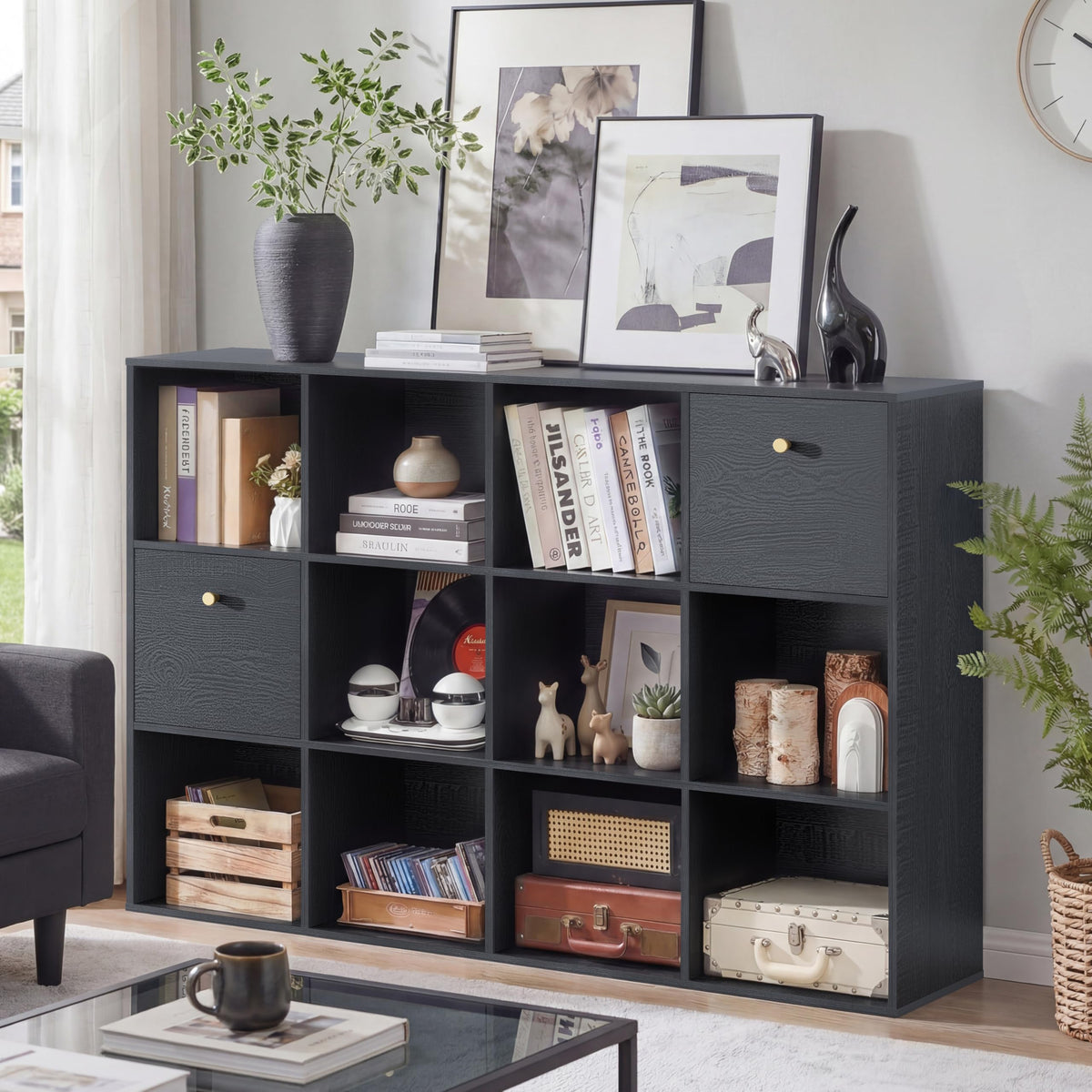 Wood Cube Storage Bookcase with Fabric Drawers & Bins