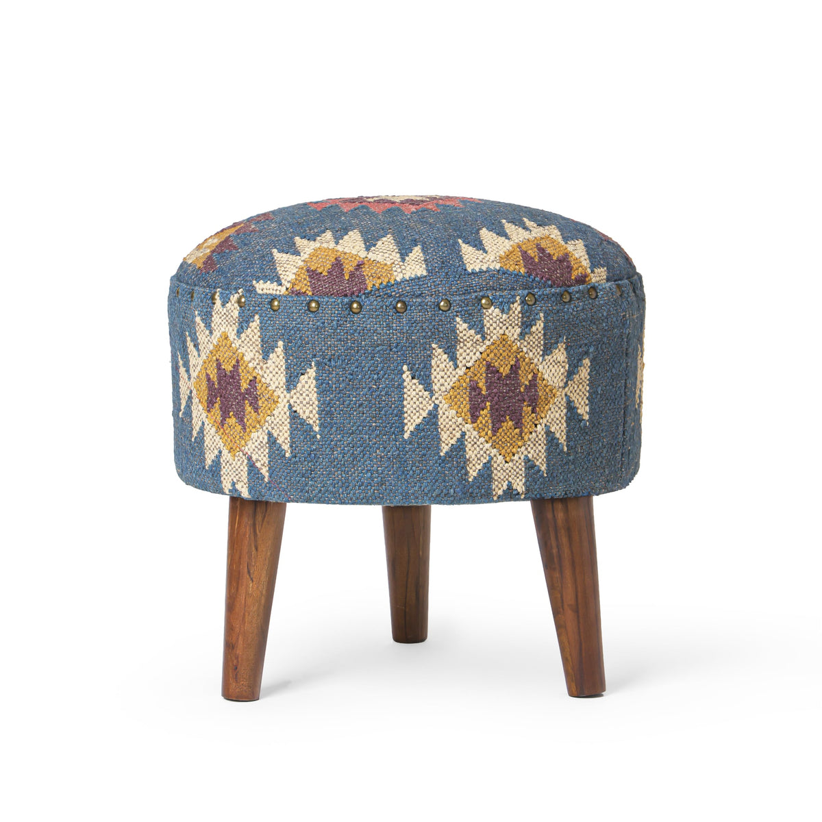 Natural Jute-Finish Wooden Kilim Stool for Living Room
