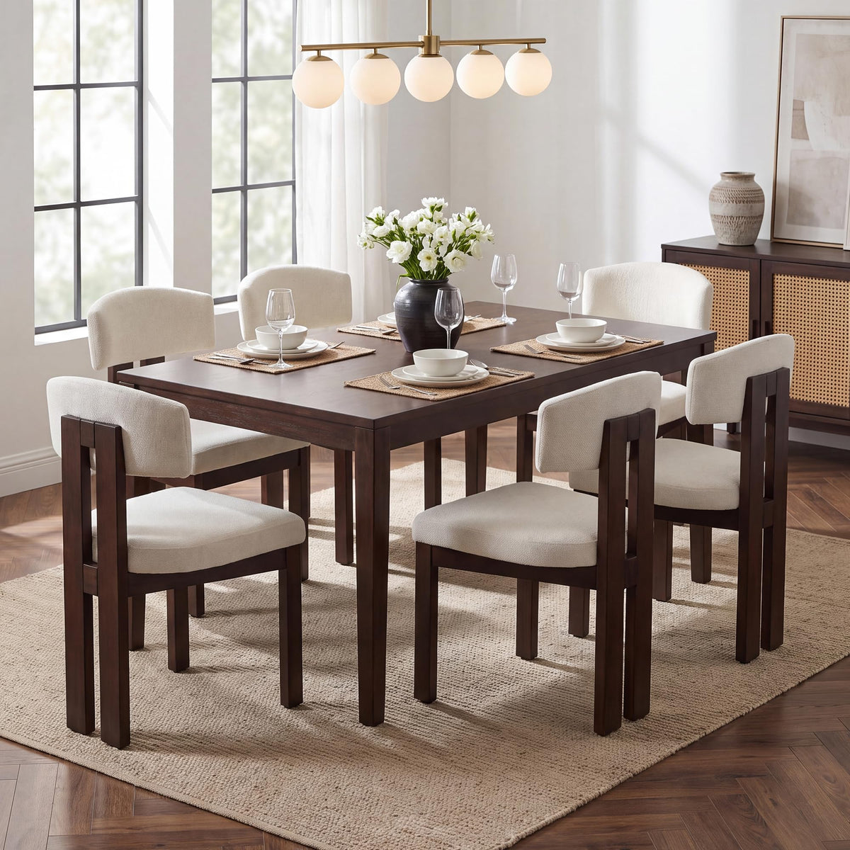 COLAMY Set of 4 Upholstered Dining Chairs, Beige & Walnut