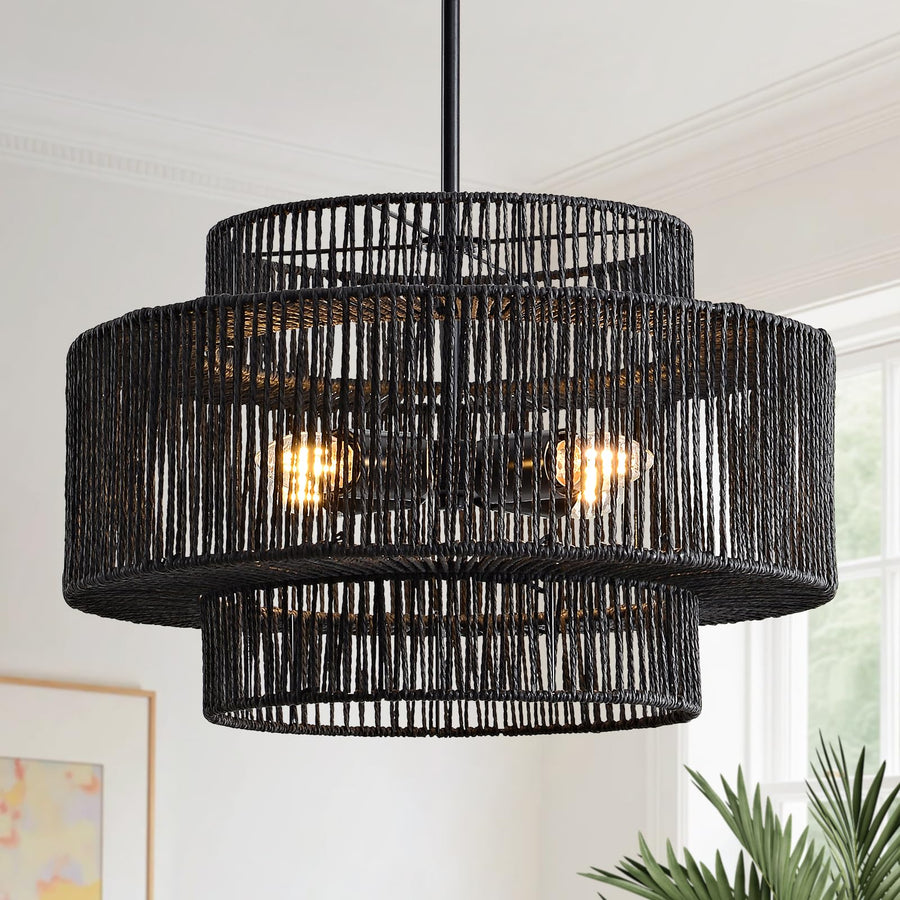 InterMaka Large Boho Rattan Chandelier Light Fixture