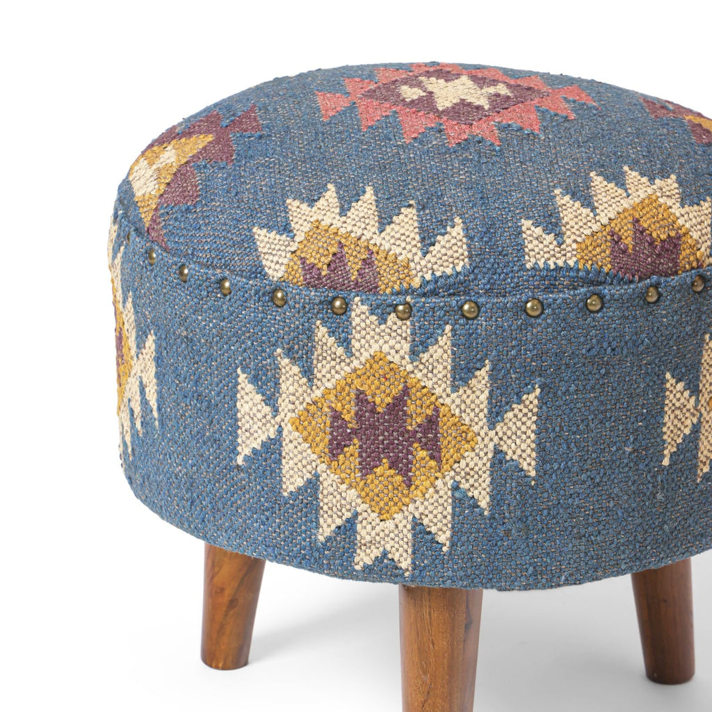 Natural Jute-Finish Wooden Kilim Stool for Living Room
