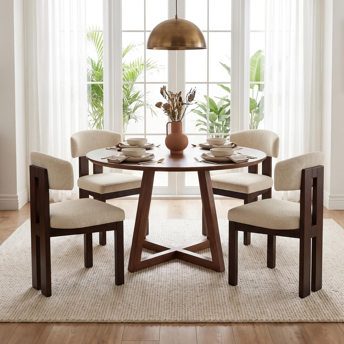 COLAMY Set of 4 Upholstered Dining Chairs, Beige & Walnut