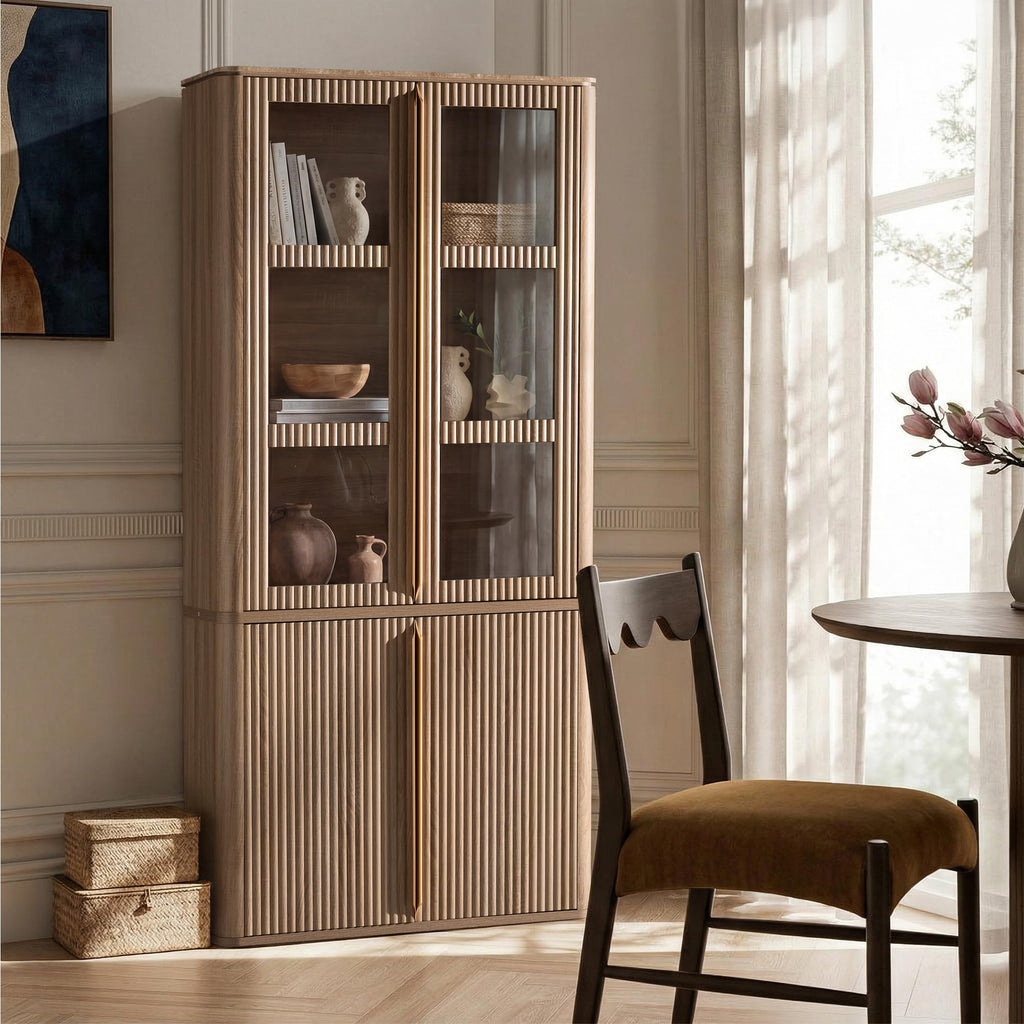 77-Inch Fluted Storage Cabinet with Glass Doors