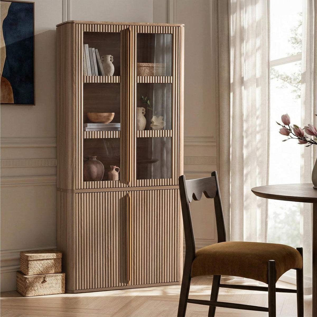 77-Inch Fluted Storage Cabinet with Glass Doors