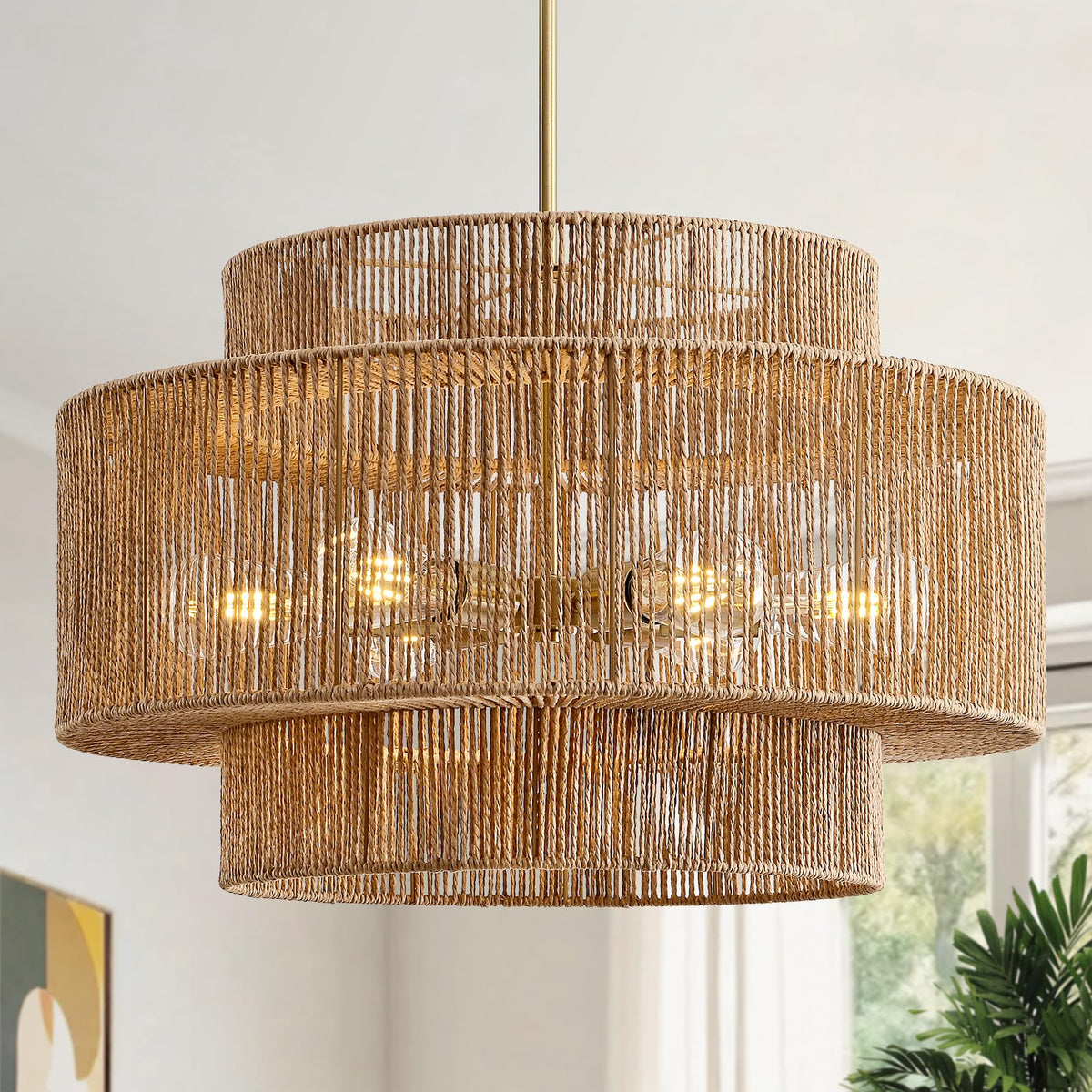 InterMaka Large Boho Rattan Chandelier Light Fixture