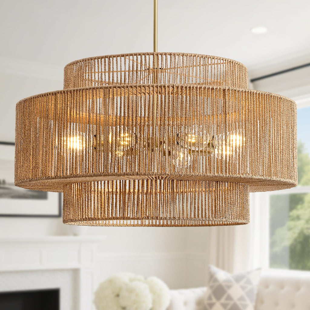 InterMaka Large Boho Rattan Chandelier Light Fixture