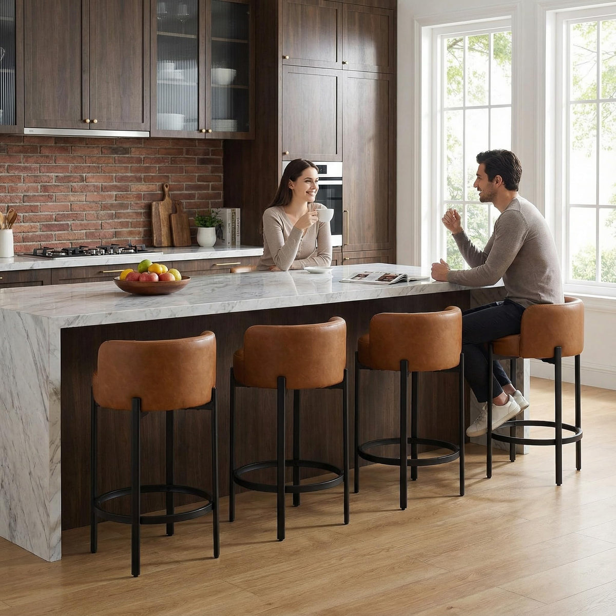 LukeAlon Rustic Modern Round Wood-Leg Low-Back Stool 5733