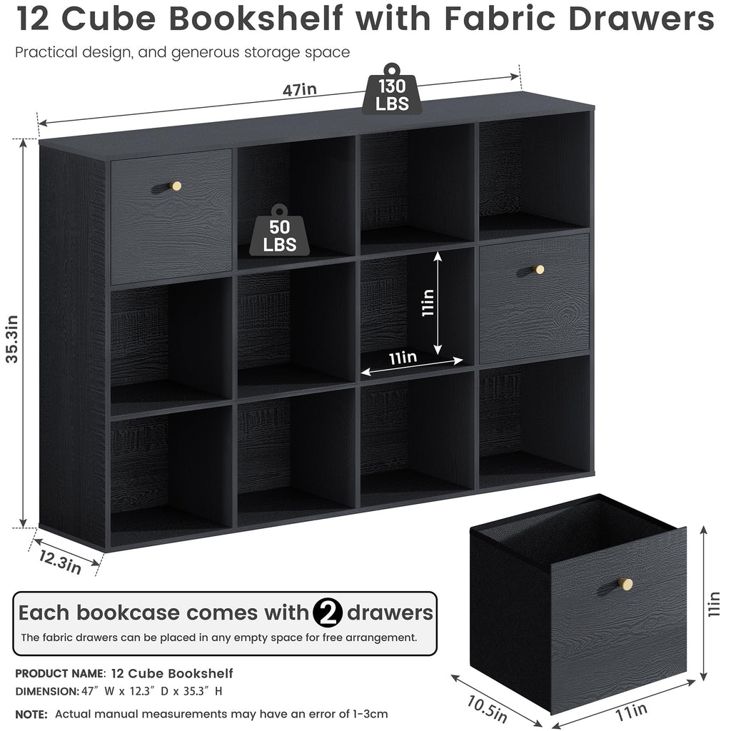 Wood Cube Storage Bookcase with Fabric Drawers & Bins