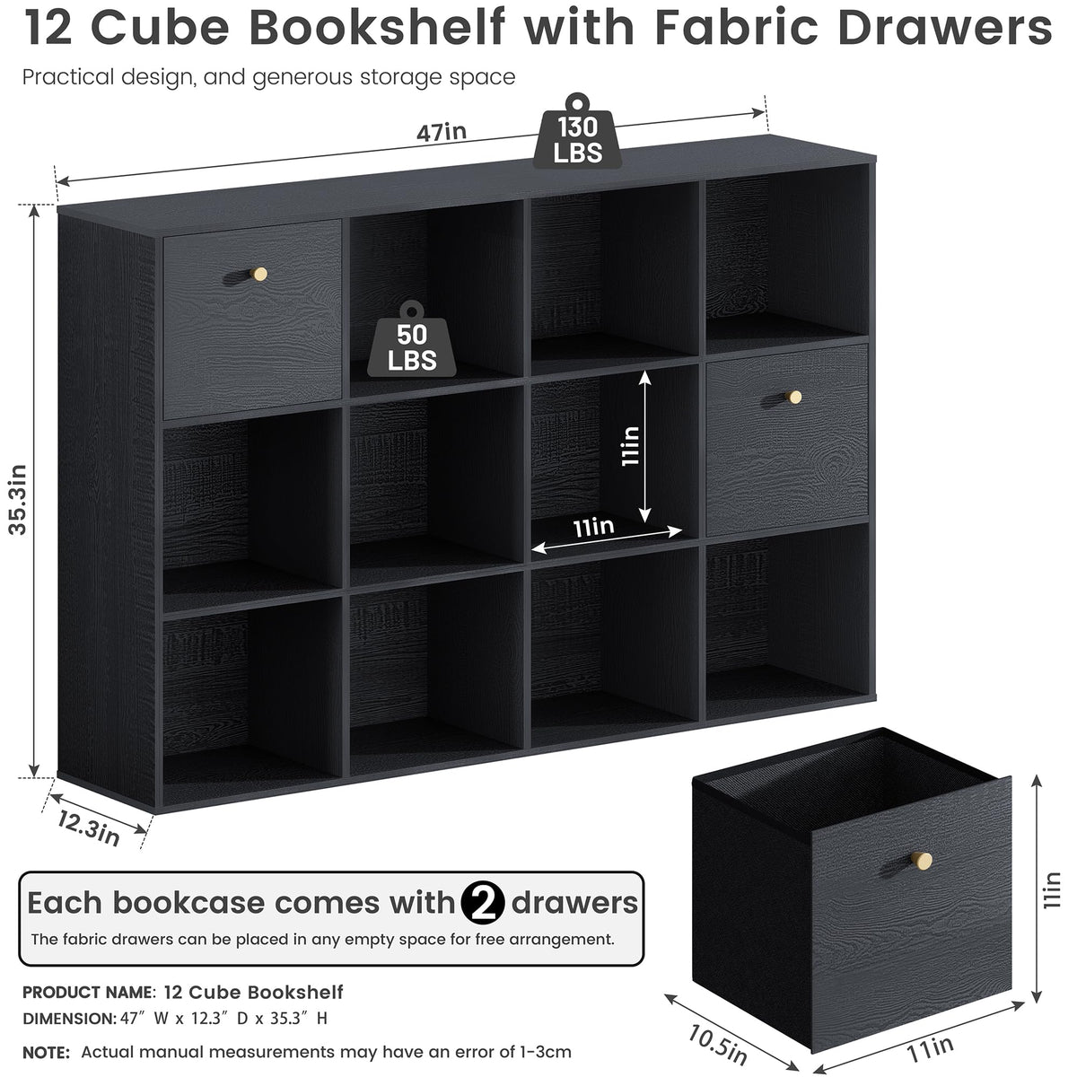 Wood Cube Storage Bookcase with Fabric Drawers & Bins