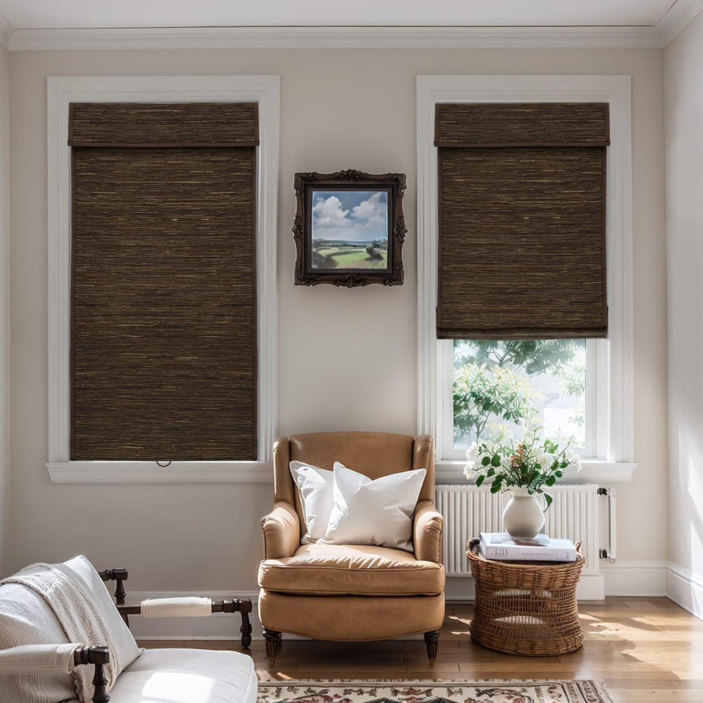 Cordless Ramie Roman Shade, 95% Blackout, Brown 74.5 x 48 Inch
