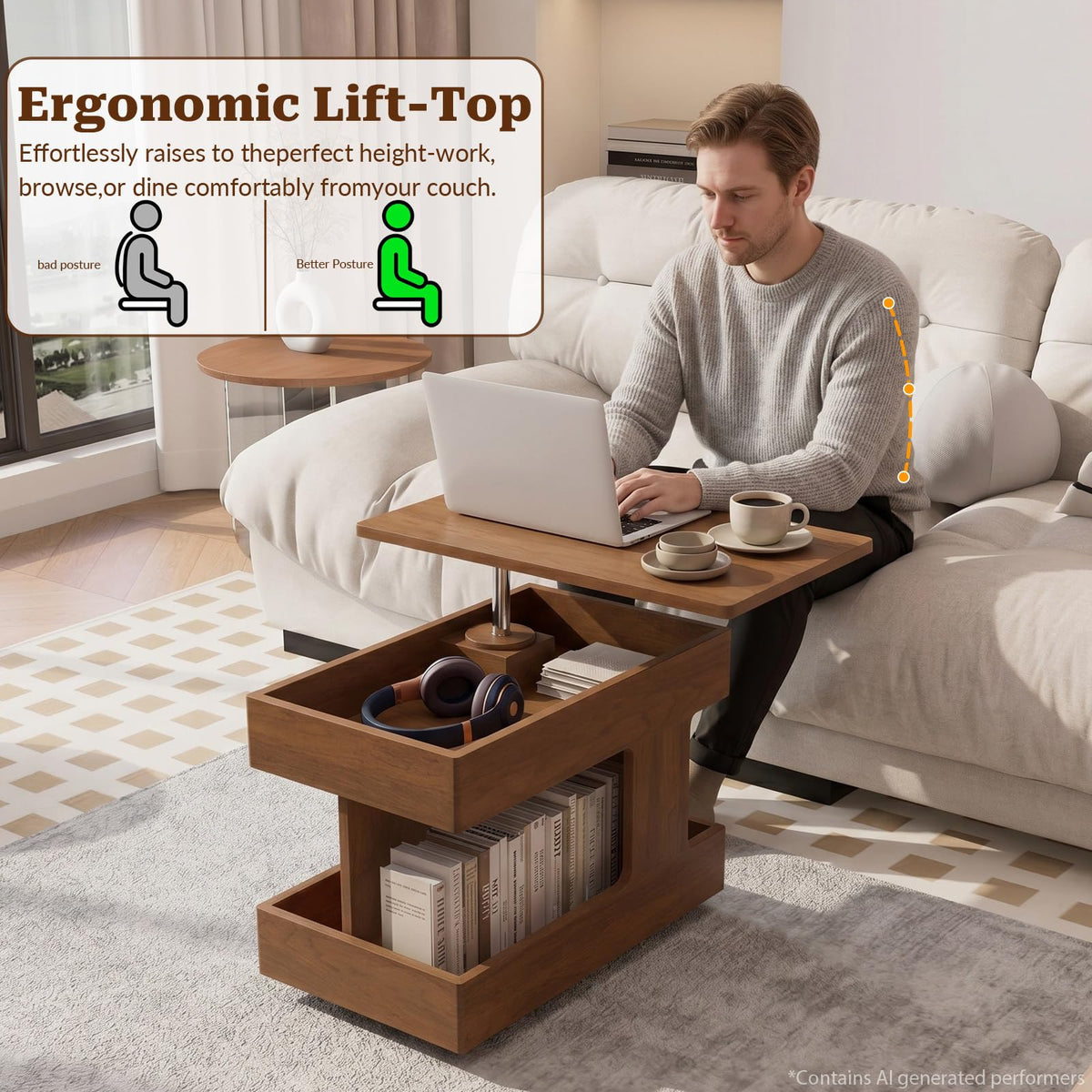 OKCMTR Solid Wood Lift-Top Coffee Table with Wheels, Walnut