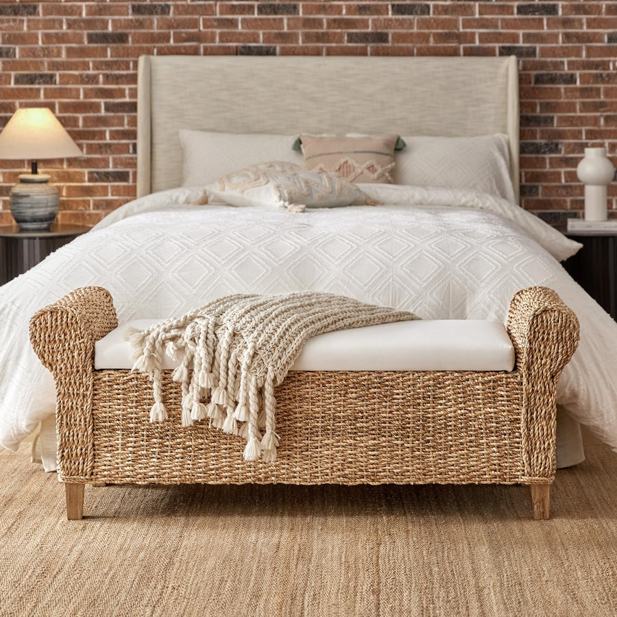 56-Inch Rattan Storage Bench with Rolled Armrests