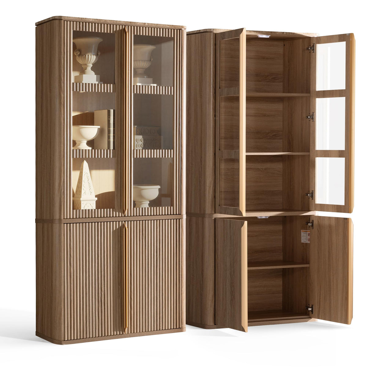 77-Inch Fluted Storage Cabinet with Glass Doors