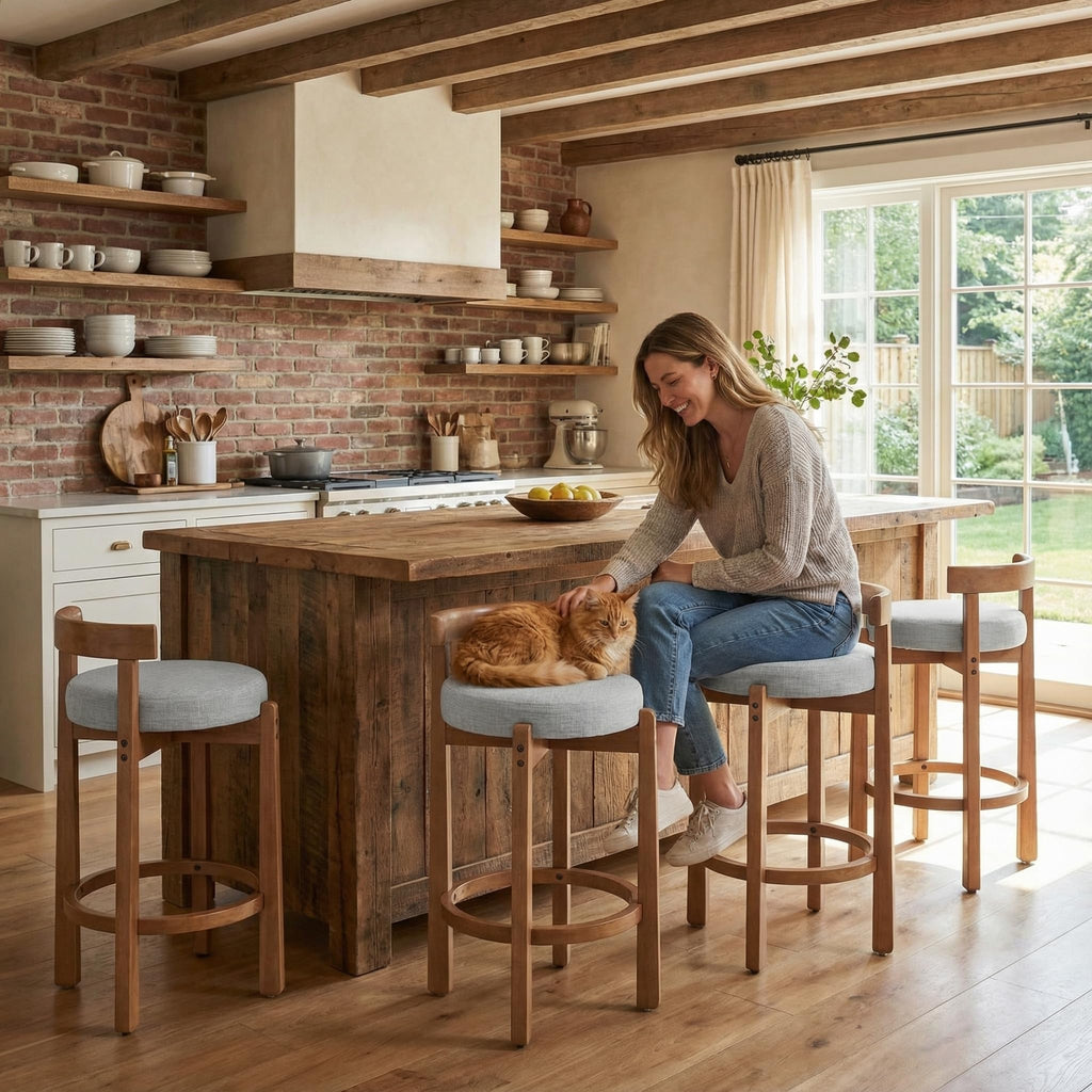 LukeAlon Rustic Modern Round Wood-Leg Low-Back Stool 5733