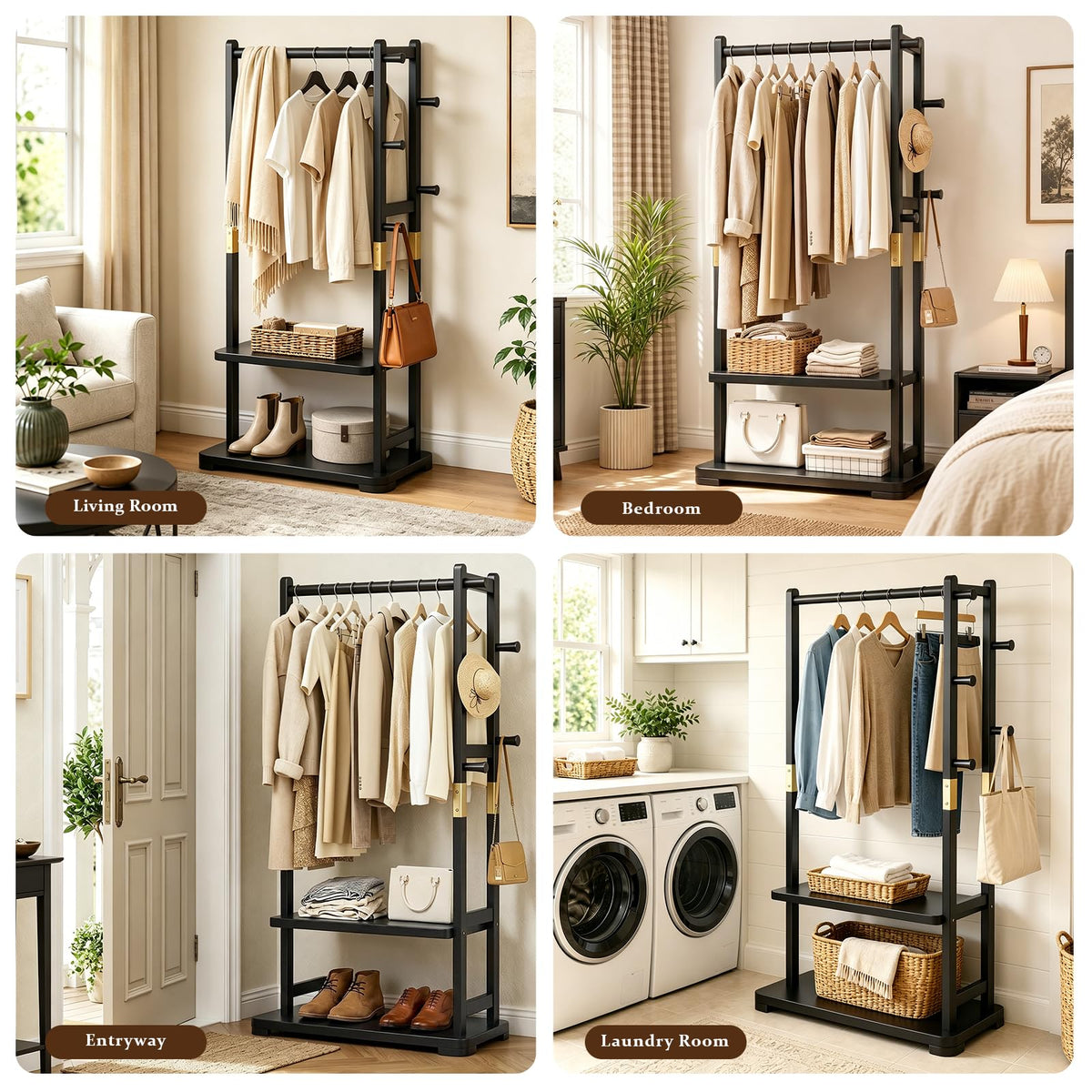 Solid Wood Hall Tree Coat Rack with 2 Shelves & 5 Hooks