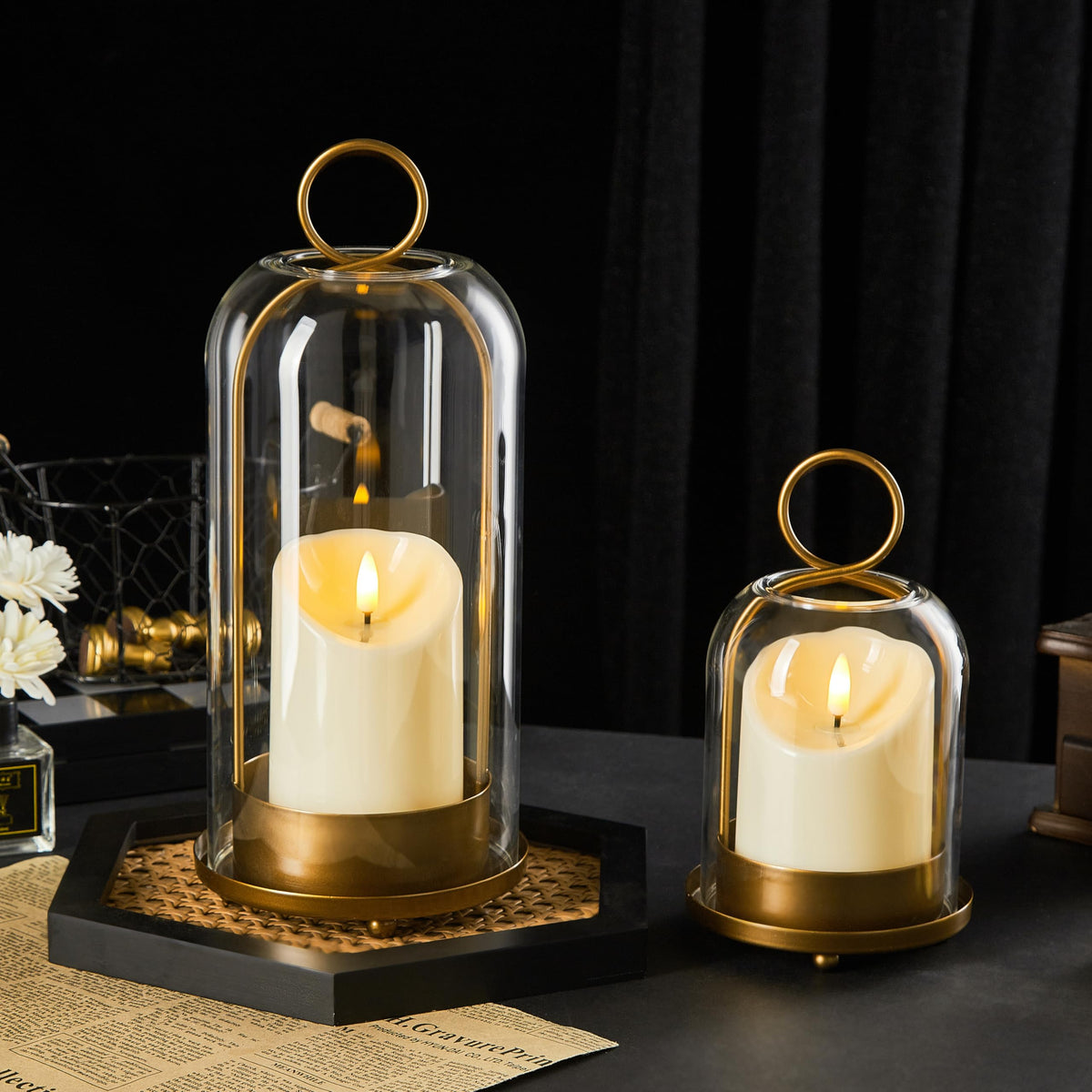 Ganwu Brass Hurricane Candle Holders with Glass Domes, Set of 2