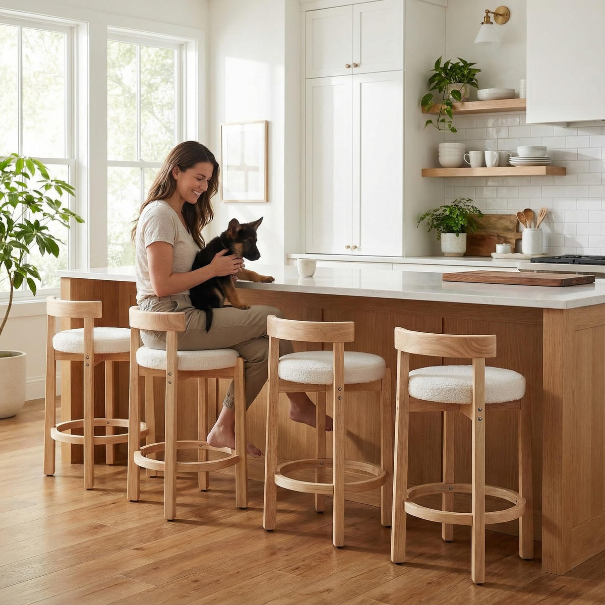 LukeAlon Rustic Modern Round Wood-Leg Low-Back Stool 5733