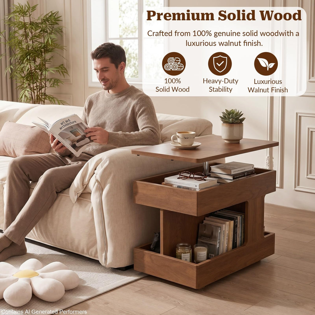 OKCMTR Solid Wood Lift-Top Coffee Table with Wheels, Walnut