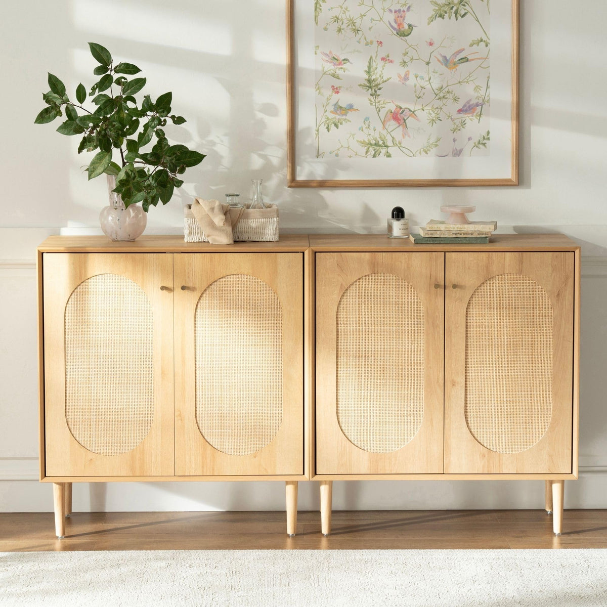 Boho Rattan Sideboard Cabinet with Adjustable Shelves