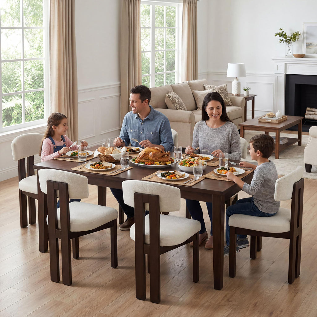 COLAMY Set of 4 Upholstered Dining Chairs, Beige & Walnut