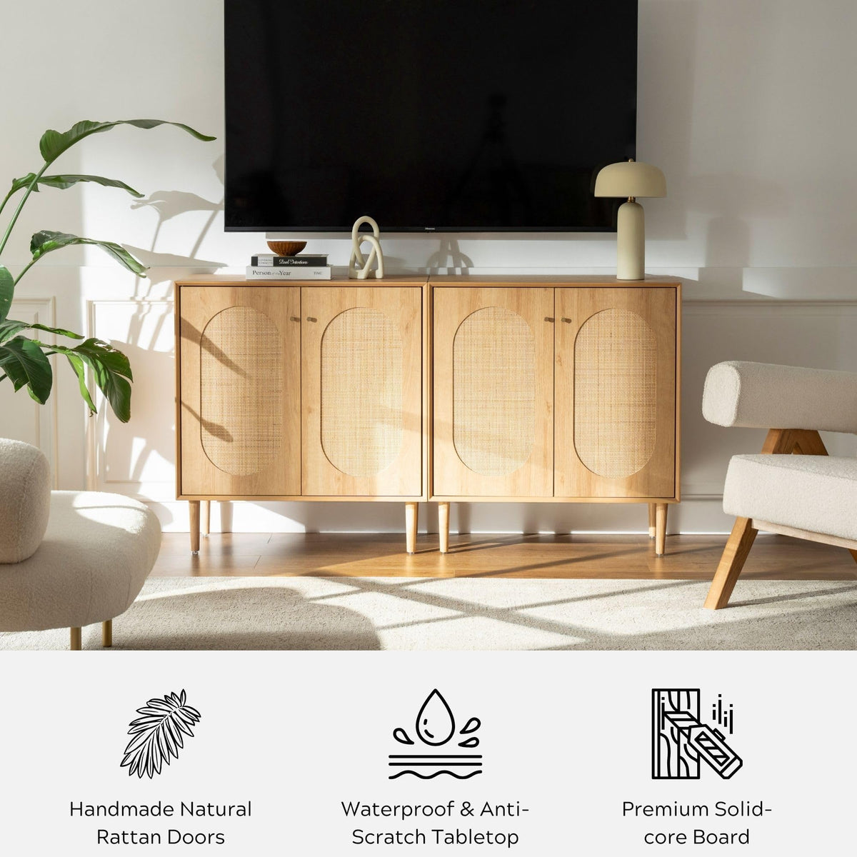 Boho Rattan Sideboard Cabinet with Adjustable Shelves