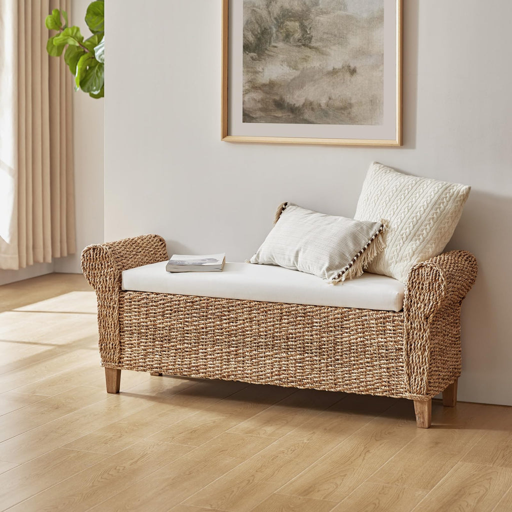 56-Inch Rattan Storage Bench with Rolled Armrests