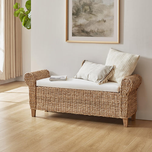 56-Inch Rattan Storage Bench with Rolled Armrests
