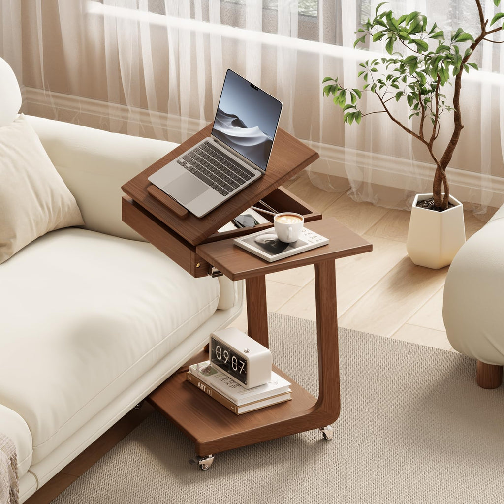 YAZIFIRSTLY Solid Wood C-Shaped End Table for Living Room