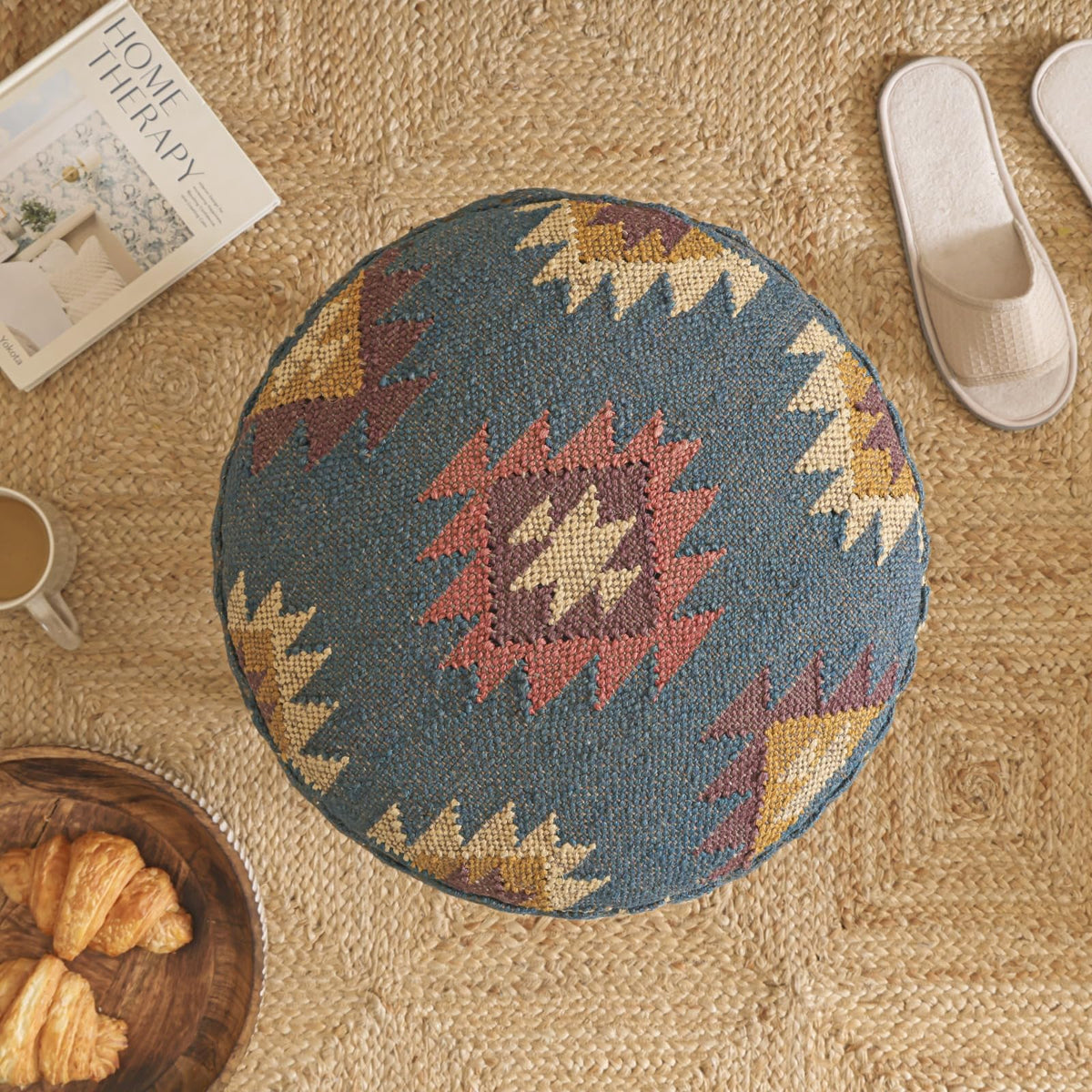 Natural Jute-Finish Wooden Kilim Stool for Living Room