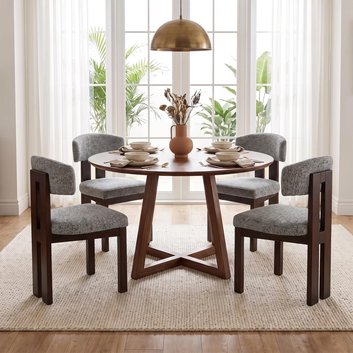 COLAMY Set of 4 Upholstered Dining Chairs, Beige & Walnut