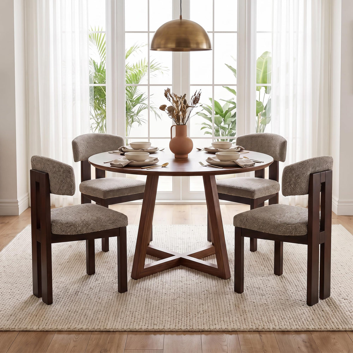 COLAMY Set of 4 Upholstered Dining Chairs, Beige & Walnut