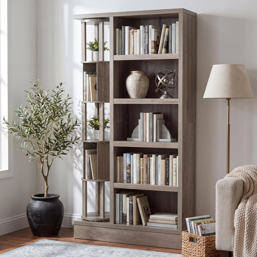 Large Rotating Bookcase with Multi-Tier Storage Shelves