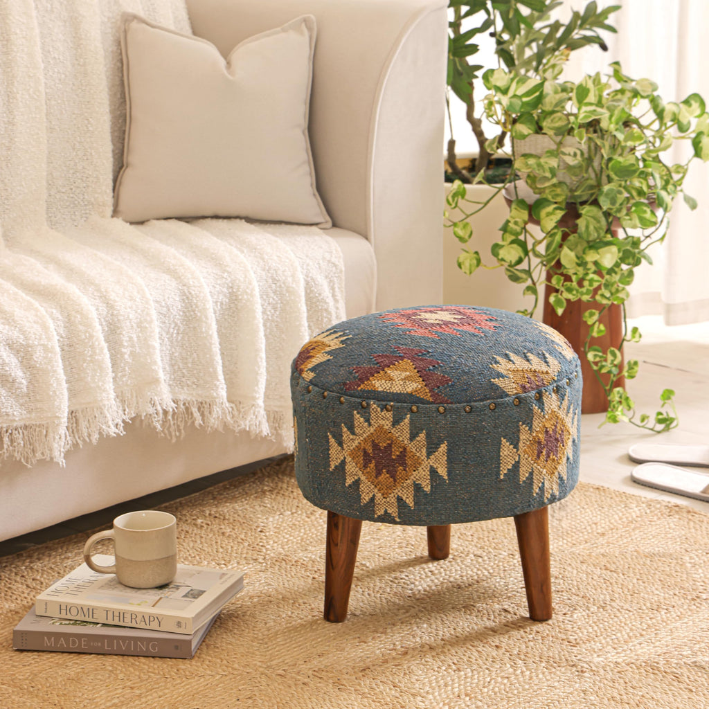 Natural Jute-Finish Wooden Kilim Stool for Living Room