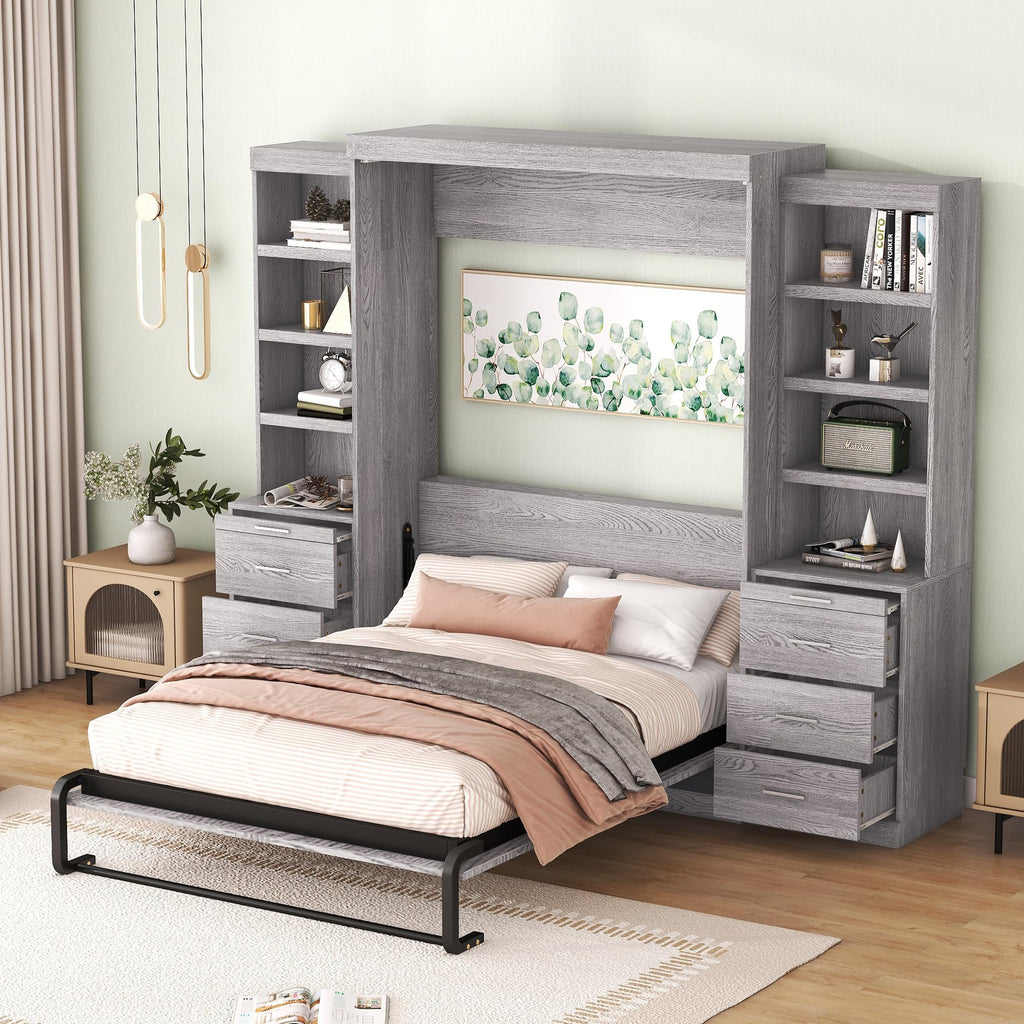 Full-Size Gray Storage Bed with Shelves & Drawers
